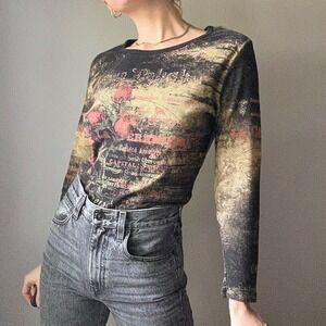 Vintage Y2K Black Graphic Printed Rhinestone Embellished Long Sleeve Tee